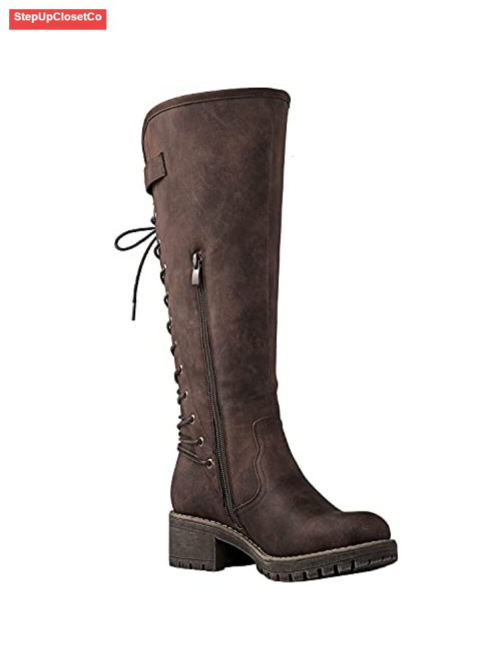 Women's Faux Leather Knee High Boots Low Block Heel Lace Up Back Side Zip - Picture 2 of 6